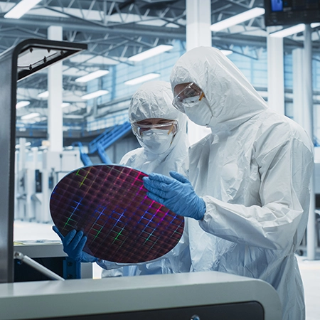 pair of engineers in cleanroom attire holding a large waffer of computer chips